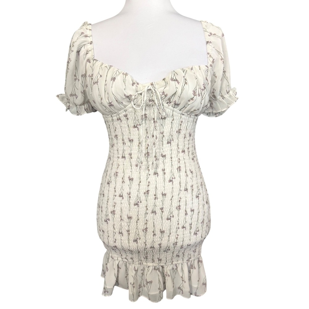 Winnie & Co Milkmaid Dress Sz 8 Floral Smocked Puff Sleeve Ruffle‎ White Pink